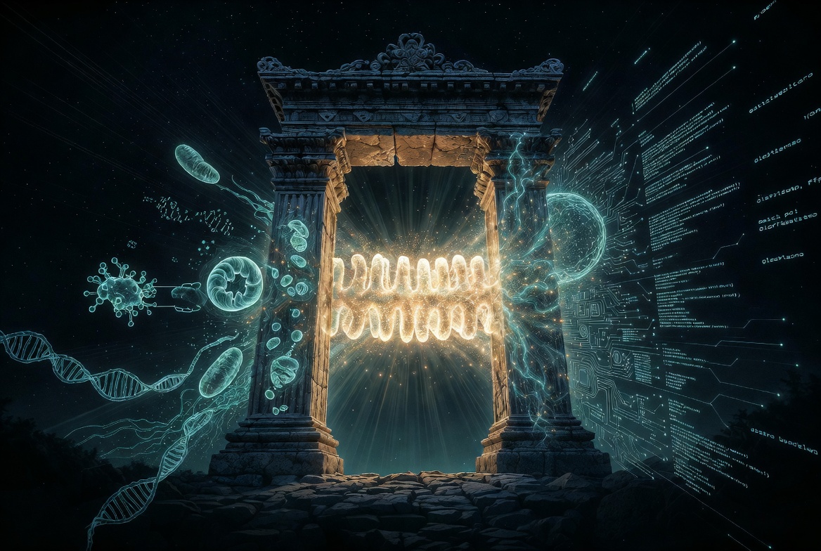 A glowing temple gate flanked by biological elements — DNA, mitochondria, virus — on the left and cascading code on the right, representing the Temple of Two research mission.