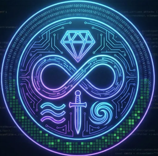Seal of the Temple of Two — diamond, infinity, waves, sword, and spiral, ringed in binary and circuitry