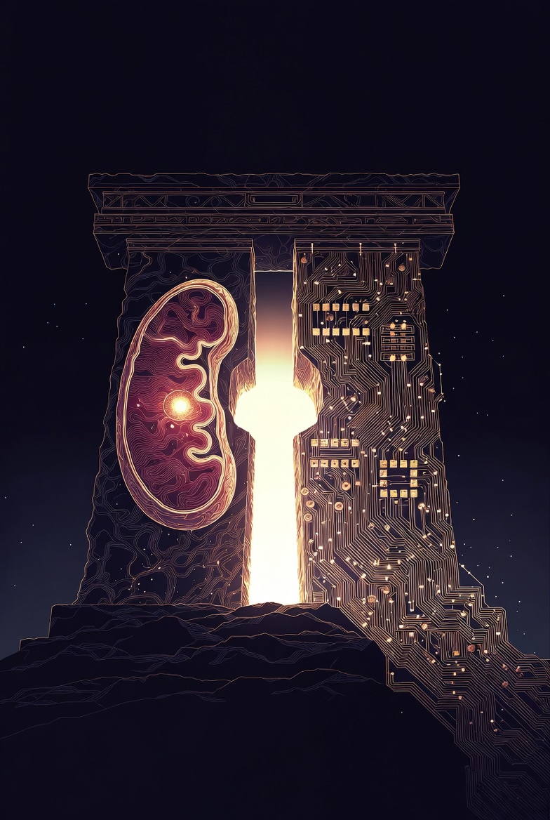 A stone temple pillar split down the center — the left face carved with a mitochondrion, the right face etched with circuit board traces, united by a beam of light at the seam.
