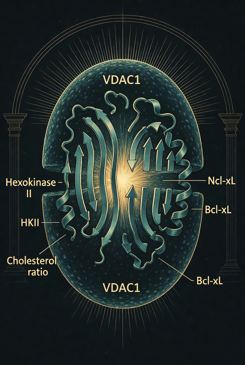 Labeled cross-section of the VDAC1 channel showing Hexokinase-II, HKII, Bcl-xL, Ncl-xL, and cholesterol ratio binding sites — the cofactor equation made visual.