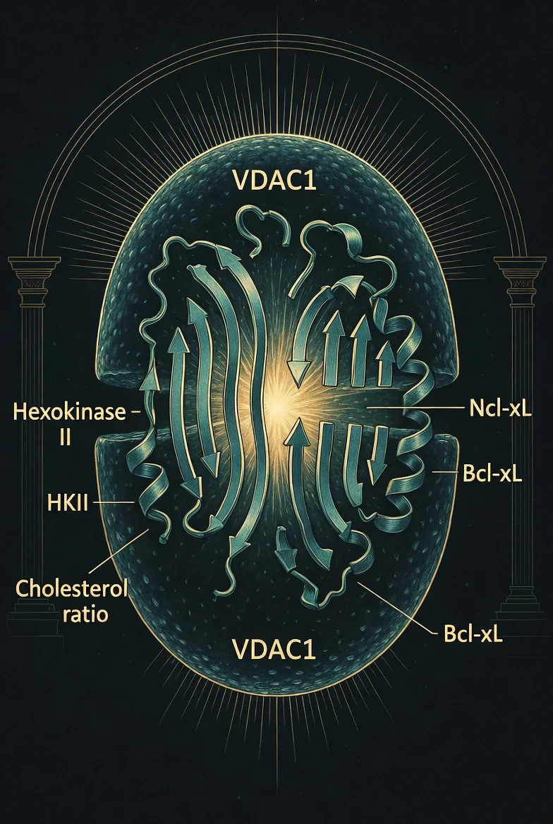VDAC1 rendered as a gate, annotated with hexokinase-II, Bcl-xL, and the cholesterol ratio